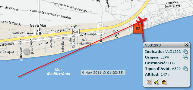 Avin aproximndose al aeropuerto de Barcelona-El Prat para aterrizar en la tercera pista, en configuracin este, sobrevolando dentro del horario nocturno y con un elevadsim impacto acstico (9 Noviembre 2011 - 01:03h)